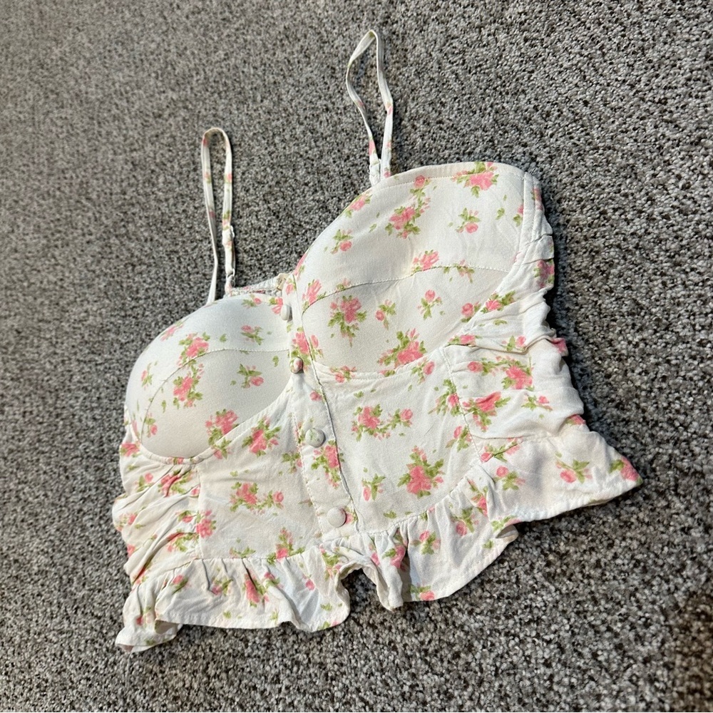 SIM & SAM M Ivory Pink Floral Top Bustier Smocked Back Stretch - Picture 6 of 10